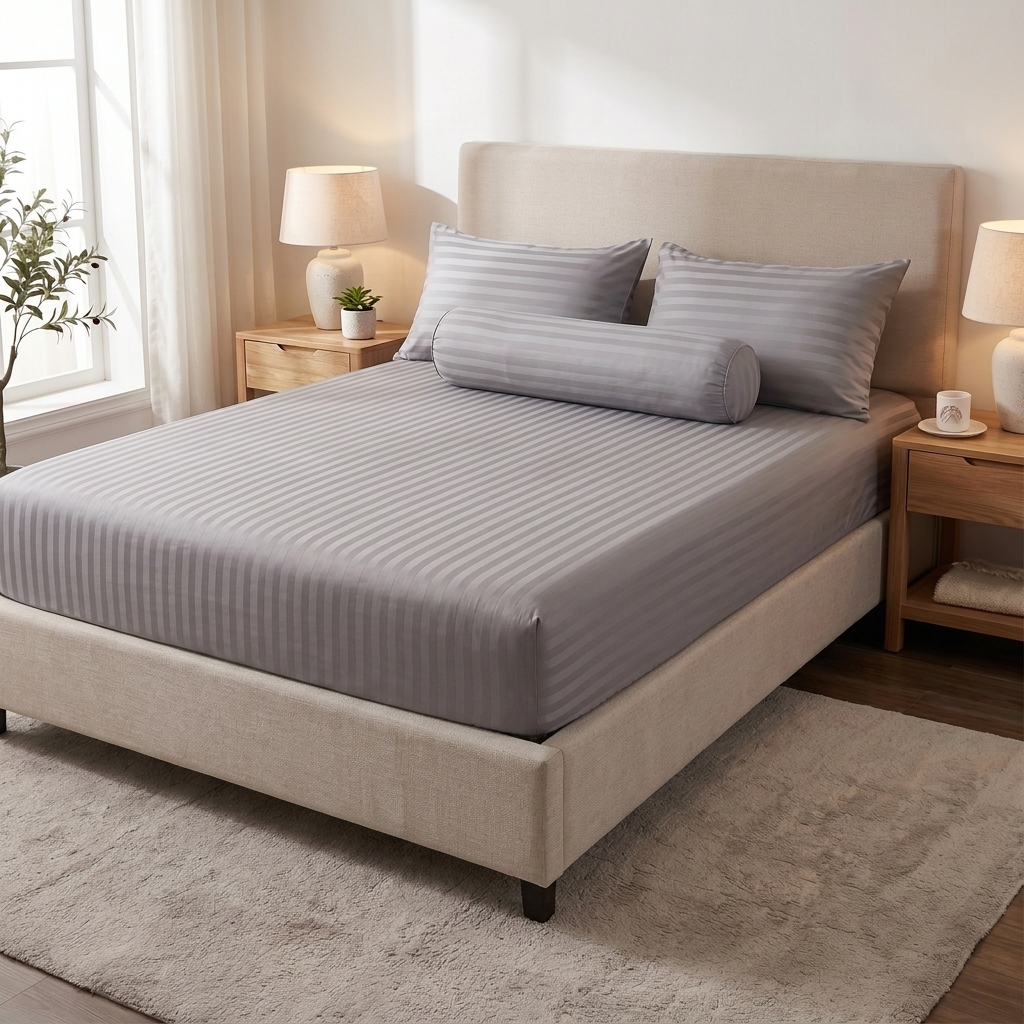 Bộ Drap Ga Gối Cotton Poly Cao Cấp Sọc Satin Sang Trọng - 3 Màu: Xám Đậm, Nâu Khaki, Xám Nhạt - Đầy Đủ Kích Thước